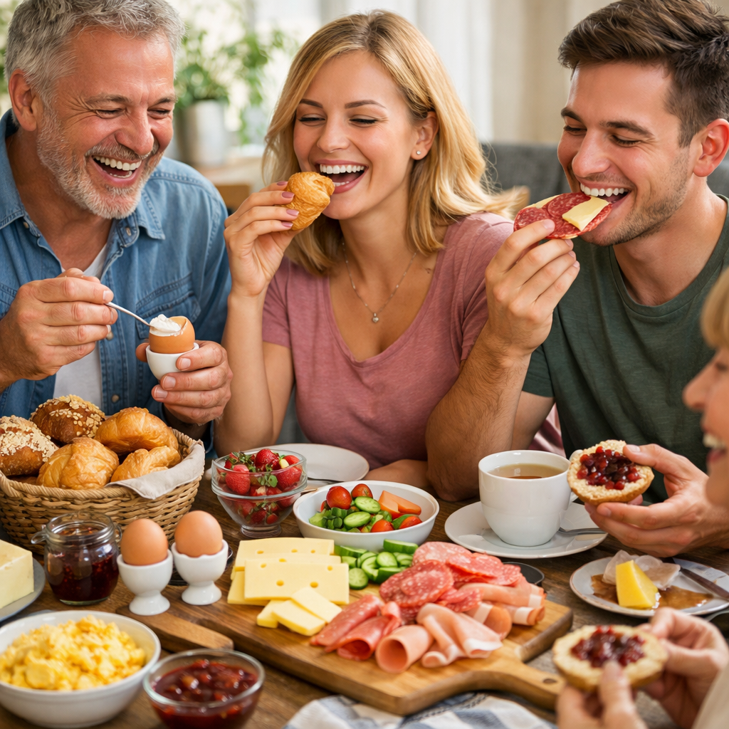 Frühstückstisch mit Croissants, Eiern und Kaffee